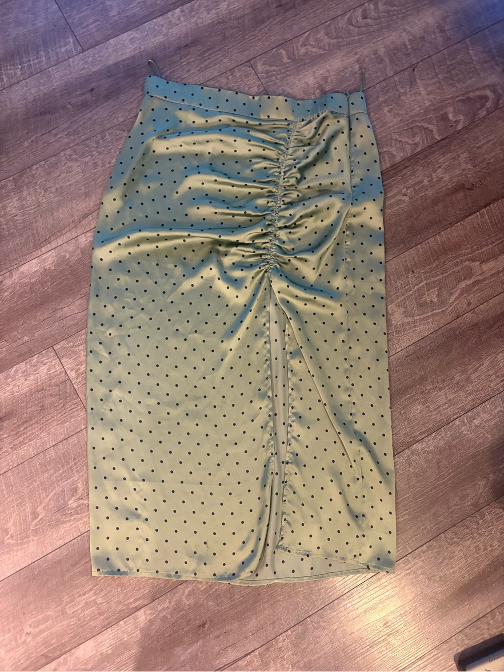 Zara Olive Green Satin Polka Dot Ruched Midi Skirt